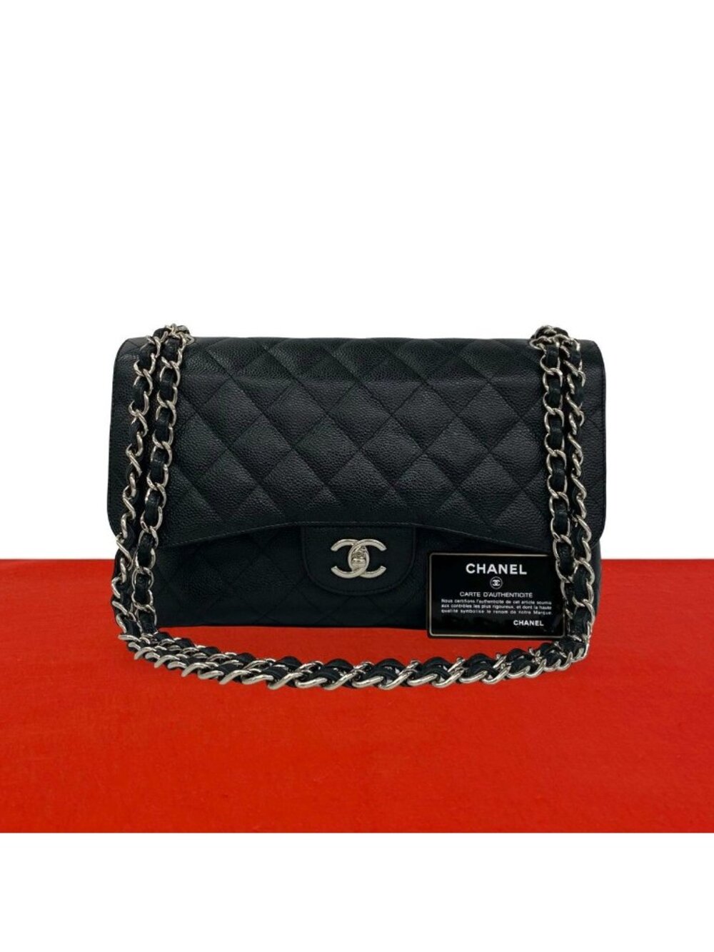 Chanel Quilted 30 Double Flap Caviar Leather Shoulder Bag Black